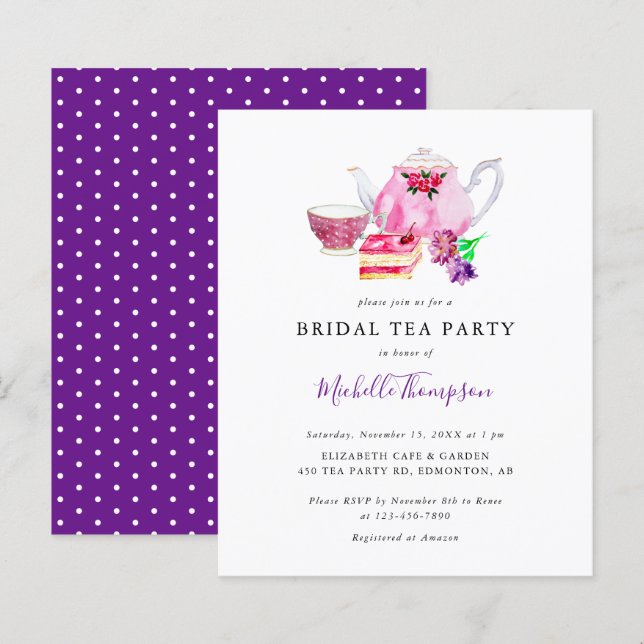 Budget Bridal Shower Tea Party Purple Script (Front/Back)