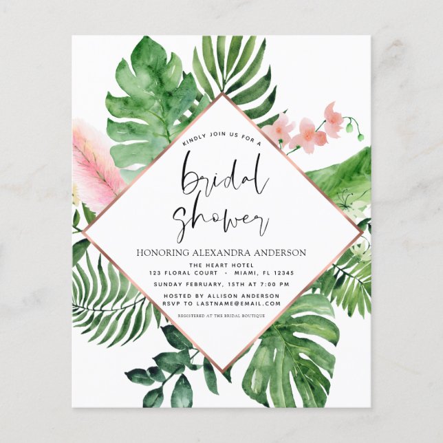 Budget Bridal Shower Tropical Palm Watercolor Flye Flyer (Front)