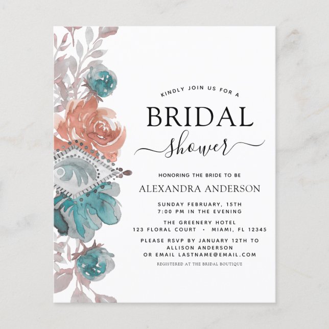 Budget Bridal Shower Turquoise Pink Invitation Flyer (Front)