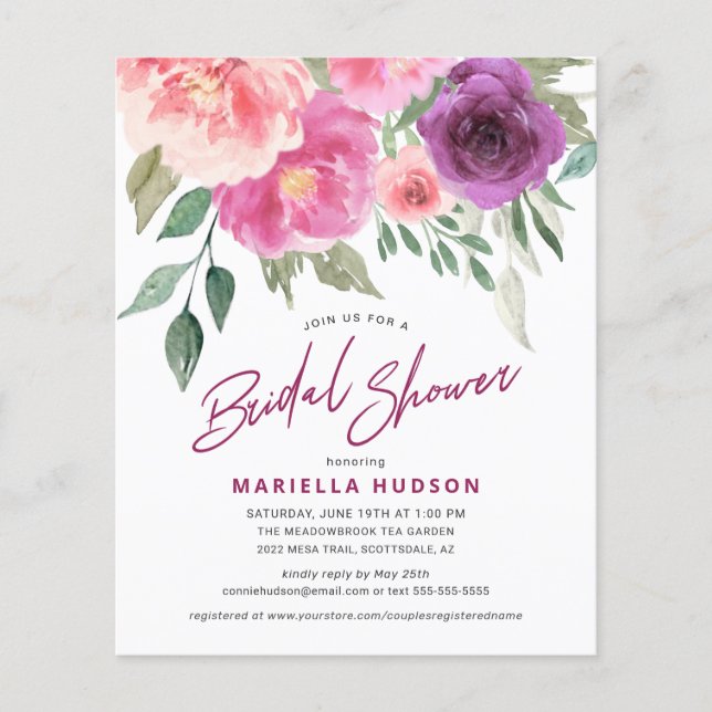 Budget Bridal Shower Watercolor Rose Peonies Flyer (Front)