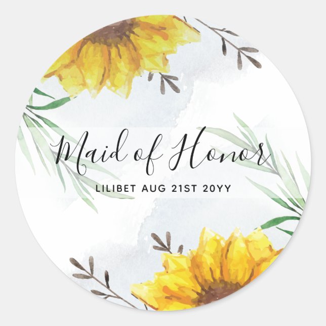 BUDGET Bridesmaid Bridal Party Gifts SUNFLOWERS Classic Round Sticker (Front)