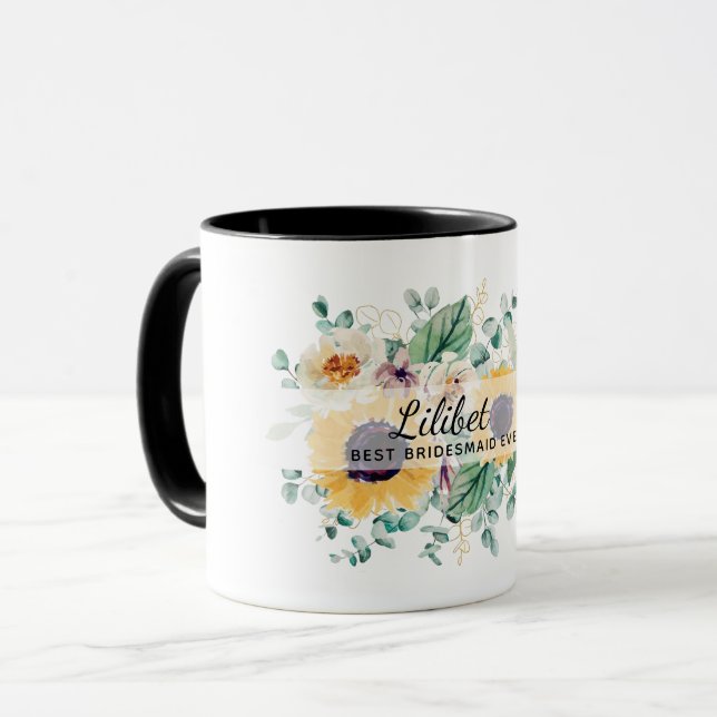 BUDGET Bridesmaid Bridal Party Gifts SUNFLOWERS Mug (Front Left)