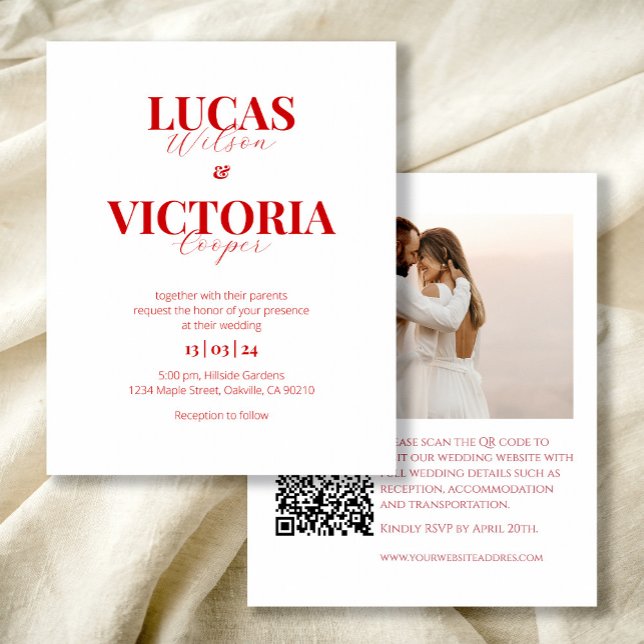 Budget bright red Photo QR code wedding invite (Creator Uploaded)