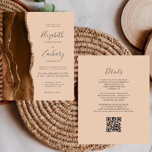Budget Brown Gold Agate Tan QR Code Wedding Invite