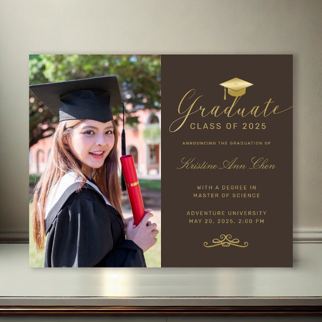 Budget Brown Gold Formal Script Photo Graduation  (Budget Brown Gold Formal Script Photo Graduation Announcement)