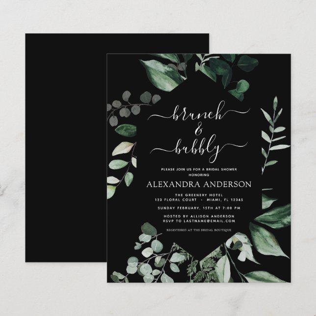 Budget Brunch & Bubbly Bridal Shower Black Green (Front/Back)
