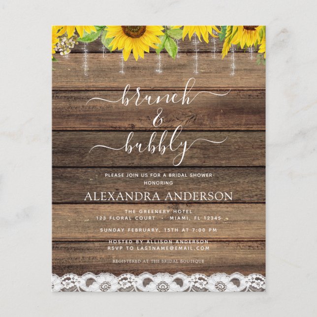 Budget Brunch & Bubbly Bridal Shower Sunflower Flyer (Front)