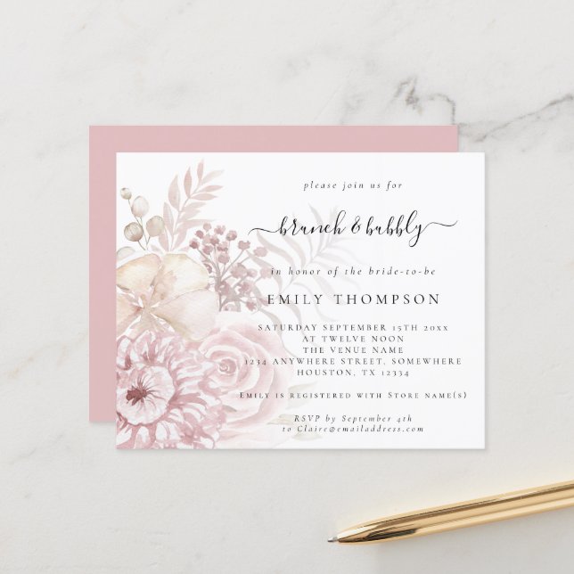 Budget Brunch Bubbly Floral Bridal Shower Invite (Front/Back In Situ)