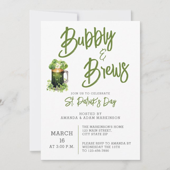Budget Bubbly and Brews St. Patricks Day Party Invitation (Front)