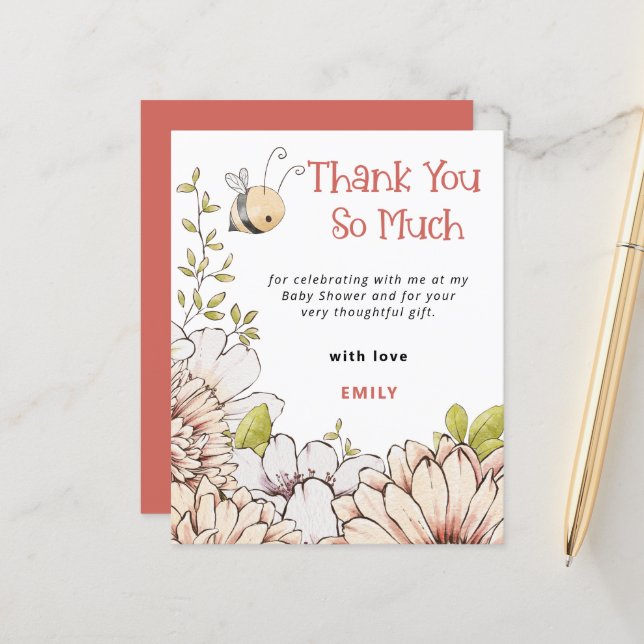 Budget Bumblebee Coral Baby Shower Thank You (Front/Back In Situ)