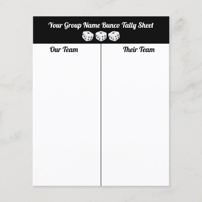 Budget Bunco Dice Table Tally Sheet (Front)