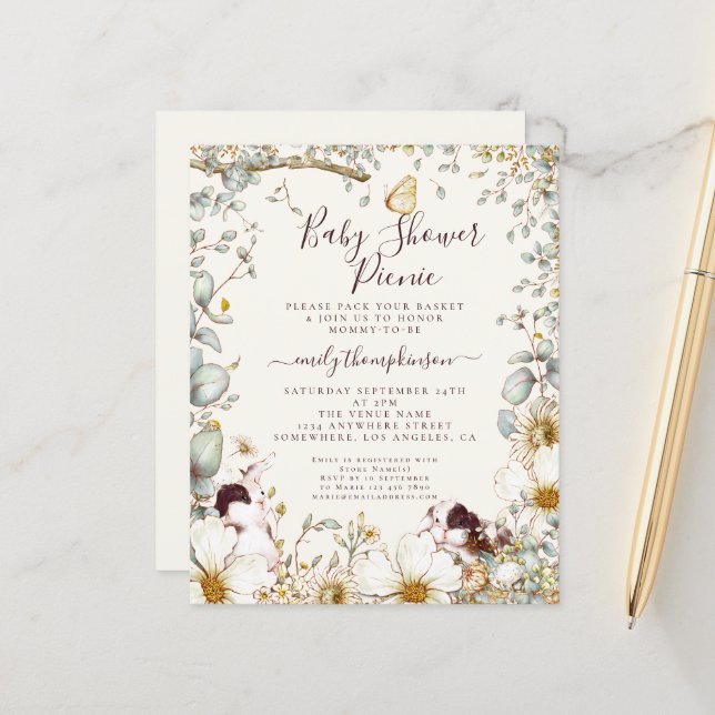 Budget Bunnies Baby Shower Picnic Girl Boy Invite (Front/Back In Situ)