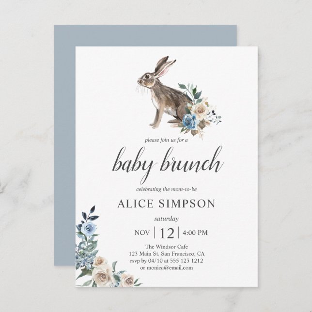 Budget Bunny Boho Dusty Blue Flower Baby Shower In Invitation Postcard (Front/Back)