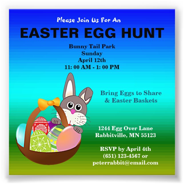 Budget Bunny, Eggs, Basket Easter Egg Hunt Invite Photo Print (Front)
