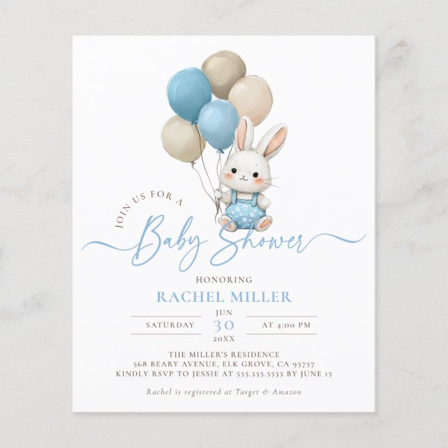 Budget Bunny Rabbit Balloons Blue Boy Baby Shower (Front)