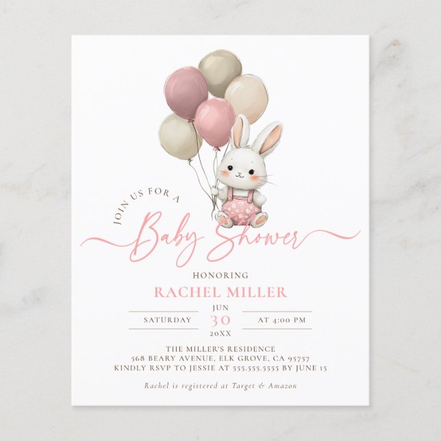 Budget Bunny Rabbit Balloons Pink Girl Baby Shower (Front)