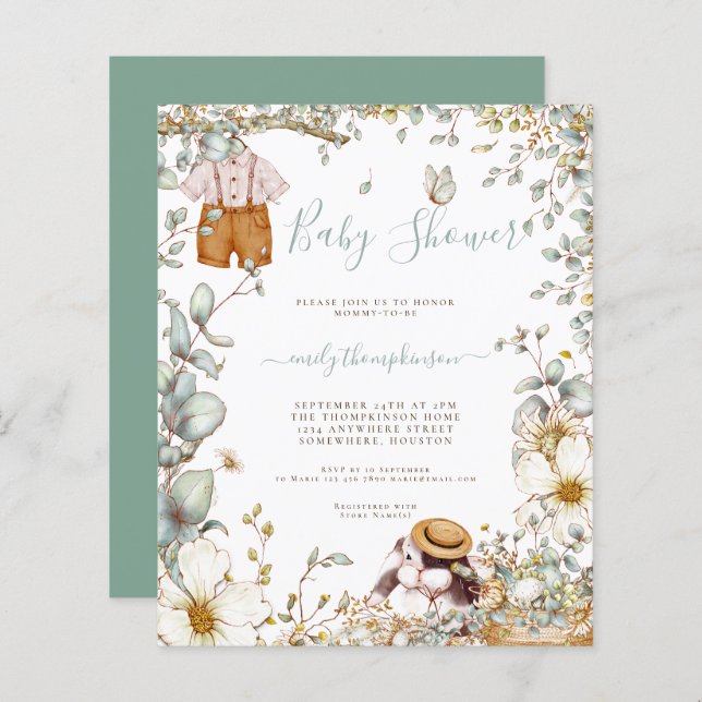 Budget Bunny Sage Boy Baby Shower Invitation (Front/Back)