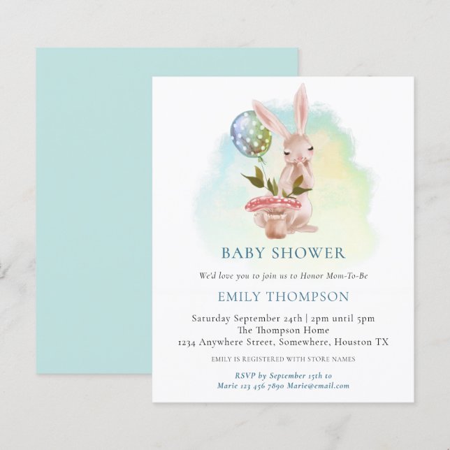 Budget Bunny Teal Baby Shower Invitation (Front/Back)