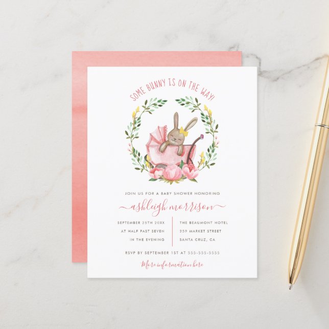 Budget Bunny & Watercolor Flowers Girl Baby Shower (Front/Back In Situ)