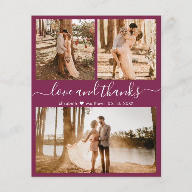 Budget Burgundy 3 Photo Collage Wedding Thank You (Front)