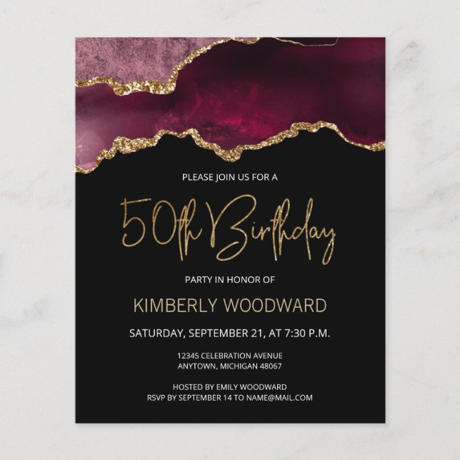 Budget Burgundy Agate 50th Birthday Invitation (Front)