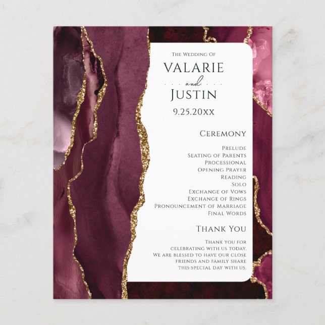 Budget Burgundy Agate Gold Glitter Wedding Program (Front)