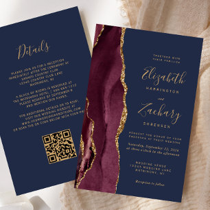 Budget Burgundy Agate Navy Blue QR Code Wedding
