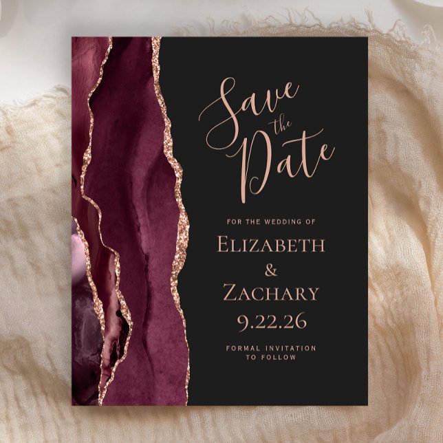 Budget Burgundy Agate Rose Gold Save the Date (Creator Uploaded)