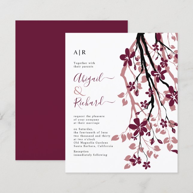 BUDGET Burgundy and dusty rose wedding invitation (Front/Back)