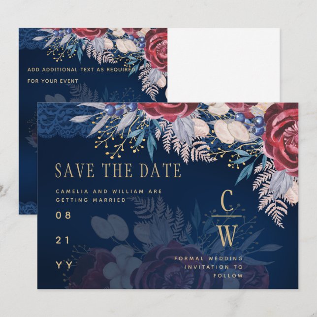 Budget Burgundy Blue Floral Lace Wedding SAVE DATE Save The Date (Front/Back)