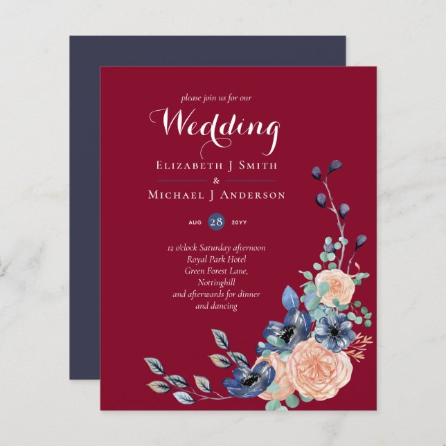 Budget Burgundy Blue Peach Floral Wedding (Front/Back)