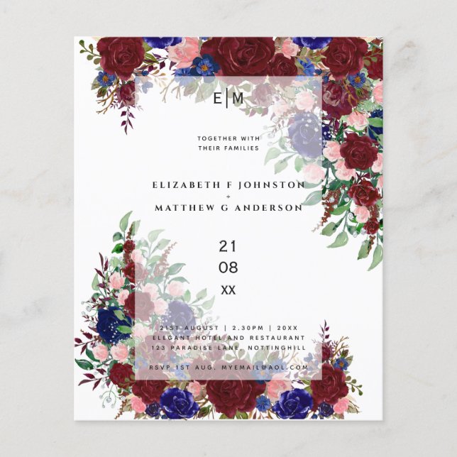 Budget Burgundy Blue Pink Floral Wedding Invites (Front)
