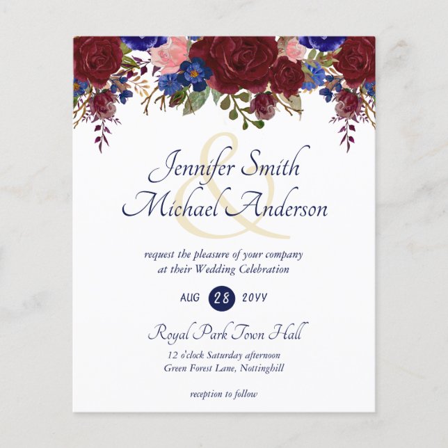 Budget Burgundy Blue Pink Wedding Invitations (Front)