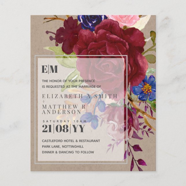 Budget Burgundy Blue Rose Floral Wedding Invites (Front)
