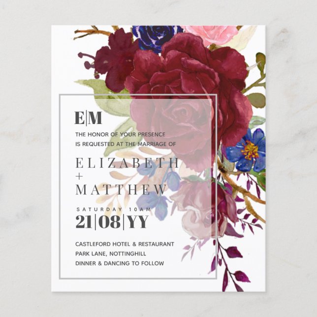 Budget Burgundy Blue Rose Floral Wedding Invites (Front)