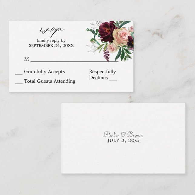 Budget Burgundy & Blush Floral 2SMb No Meal RSVP Enclosure Card (Front/Back)