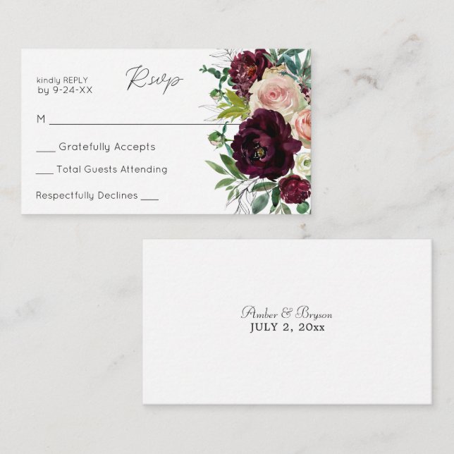 Budget Burgundy & Blush Floral 3SM No Meal RSVP Enclosure Card (Front/Back)