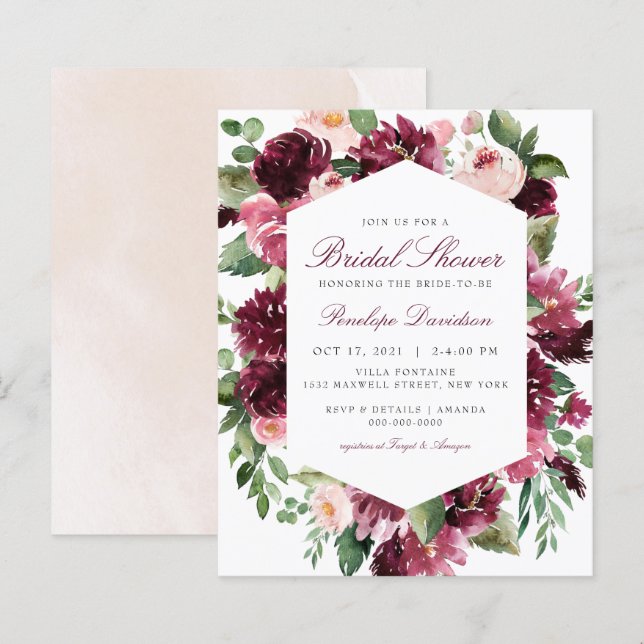 Budget Burgundy Blush Floral Bridal Shower Invite (Front/Back)