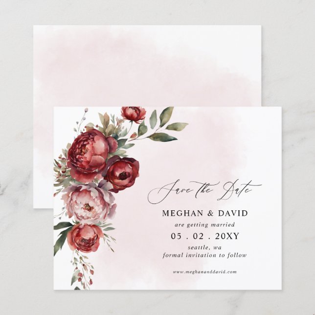 Budget Burgundy Blush Floral Save the Date (Front/Back)