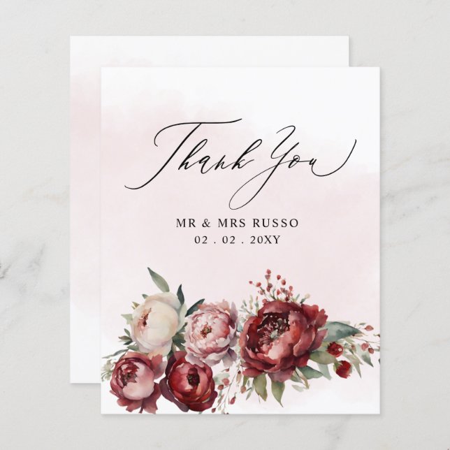 Budget Burgundy Blush Floral Thank You Card (Front/Back)