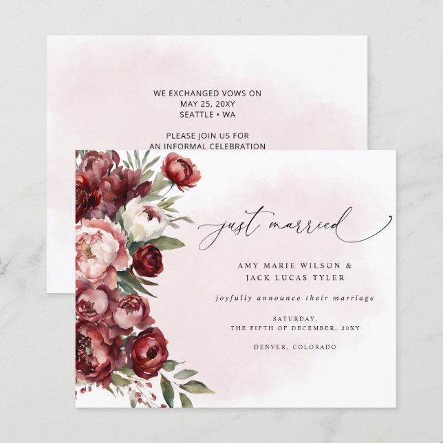 Budget Burgundy Blush Floral Wedding Announcement (Front/Back)
