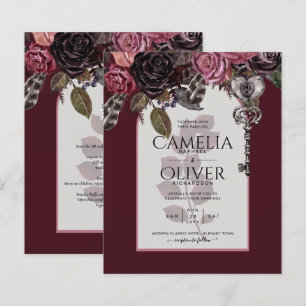 Budget Burgundy Blush Floral Wedding Invite SATIN