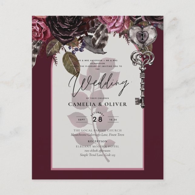 Budget Burgundy Blush Floral Wedding Invite SATIN (Front)