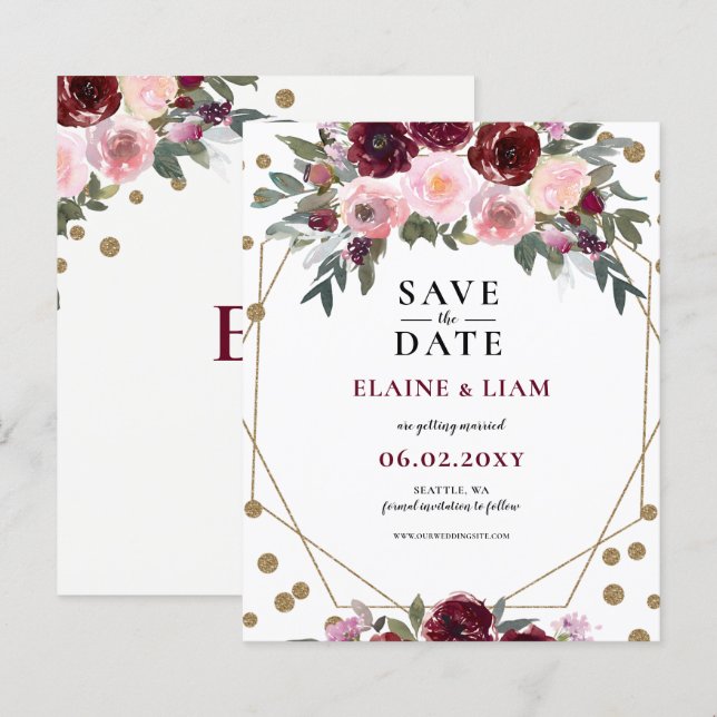 Budget Burgundy Blush Gold Floral Save the Date (Front/Back)