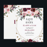 Budget Burgundy Blush Gold Floral Save the Date<br><div class="desc">Budget Burgundy Blush Gold Floral Monogram Wedding save the date cards with Marsala burgundy geometric gold frame with stylish text and burgundy floral back with monogram</div>