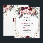 Budget Burgundy Blush Gold Floral Save the Date<br><div class="desc">Budget Burgundy Blush Gold Floral Monogram Wedding save the date cards with Marsala burgundy geometric gold frame with stylish text and burgundy floral back with monogram</div>