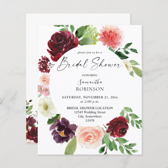 Budget Burgundy Blush Pink 4 Floral Bridal Shower (Front/Back)