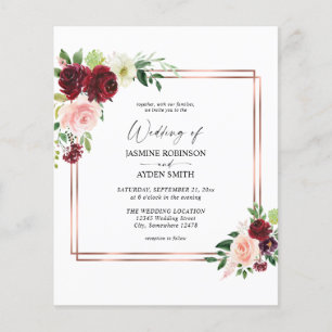 Budget Burgundy & Blush Pink 4 Floral Gold Wedding Flyer
