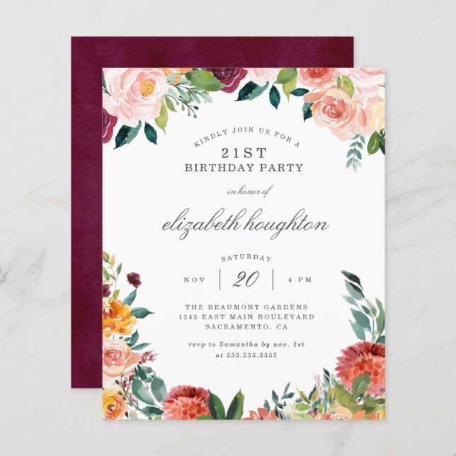 Budget Burgundy Blush Pink Floral Birthday Party (Front/Back)