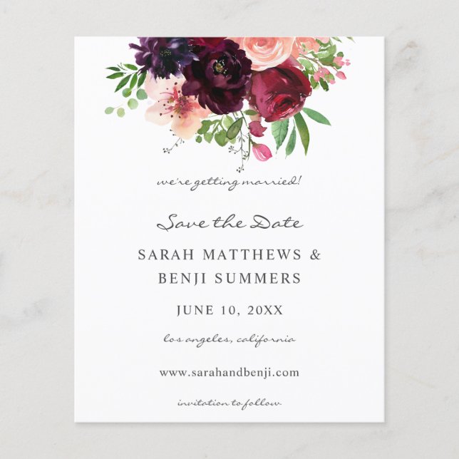Budget Burgundy &Blush Pink Floral Save the Date 2 Flyer (Front)
